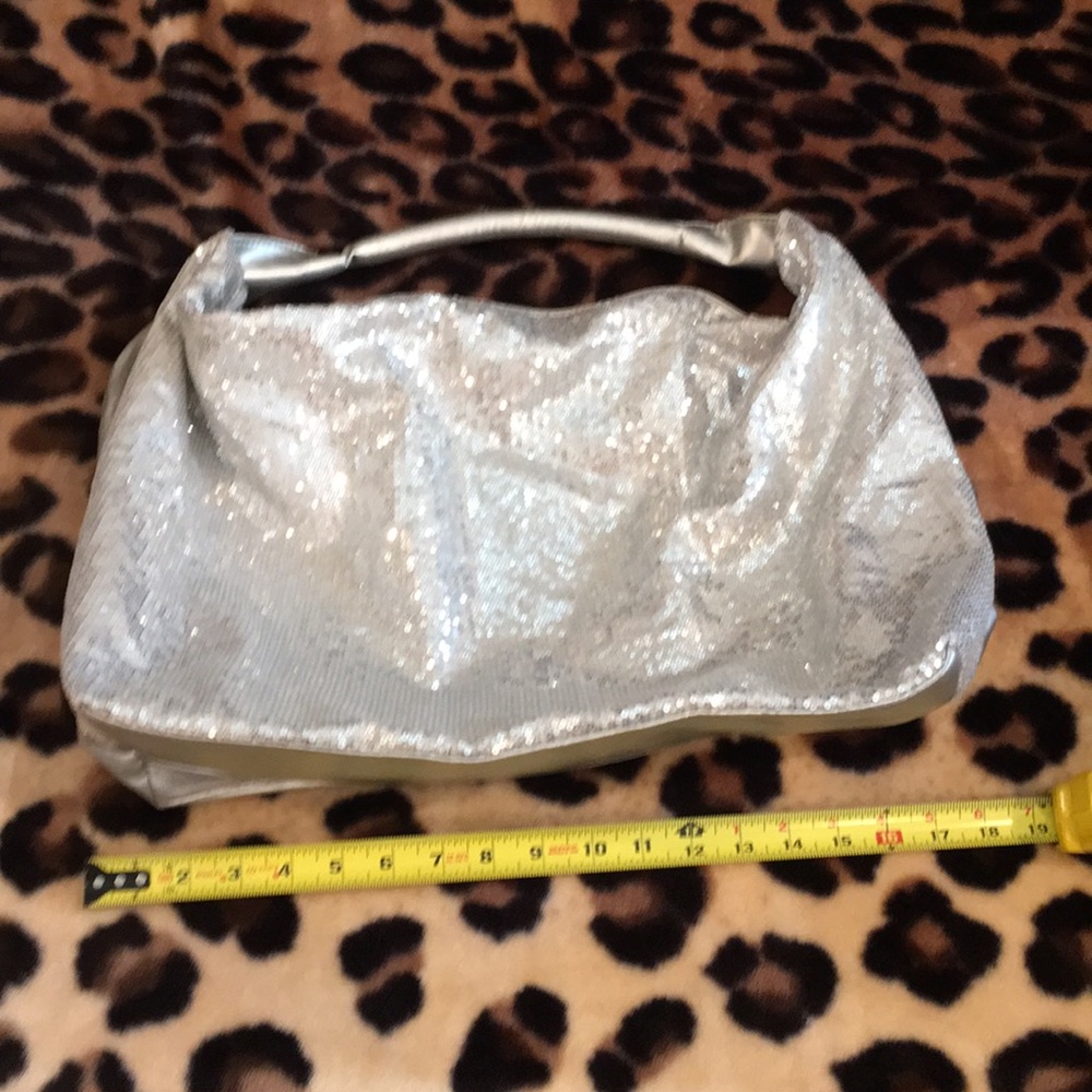 Silver pleather sequin zippered hobo bag w pockets